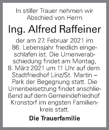 Traueranzeige von Alfred Raffeiner von OÖNachrichten