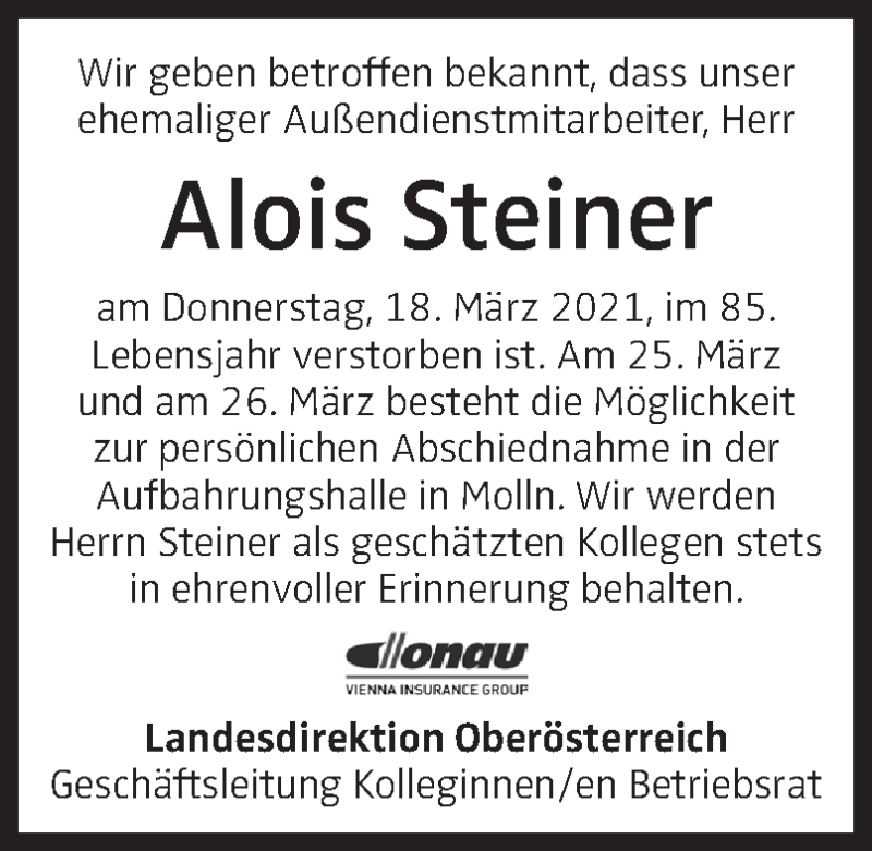  Traueranzeige für Alois Steiner vom 24.03.2021 aus OÖNachrichten