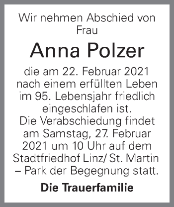 Traueranzeige von Anna Polzer von OÖNachrichten