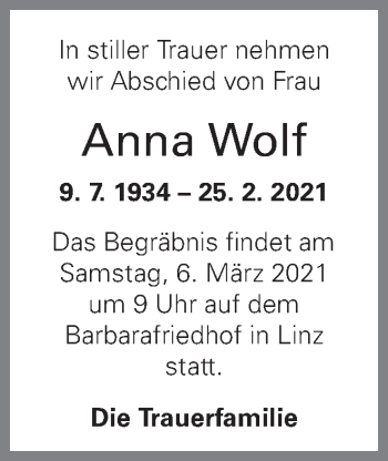 Traueranzeige von Anna Wolf von OÖNachrichten