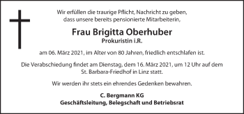 Traueranzeige von Brigitta Oberhuber von OÖNachrichten