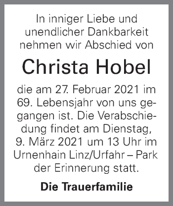 Traueranzeige von Christa Hobel von OÖNachrichten