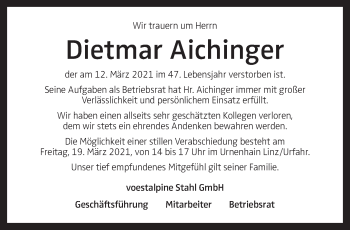 Traueranzeige von Dietmar Aichinger von OÖNachrichten