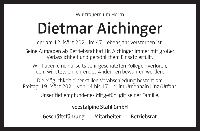  Traueranzeige für Dietmar Aichinger vom 17.03.2021 aus OÖNachrichten