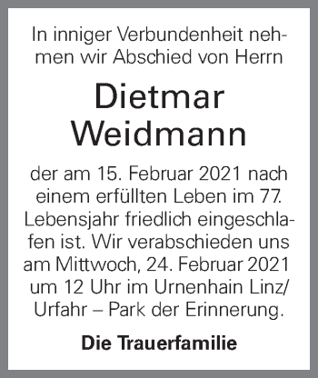 Traueranzeige von Dietmar Weidmann von OÖNachrichten