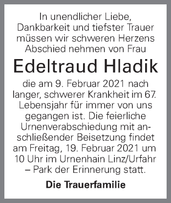 Traueranzeige von Edeltraud Hladik von OÖNachrichten