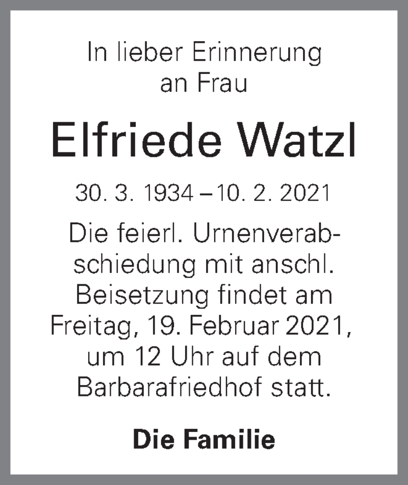  Traueranzeige für Elfriede Watzl vom 16.02.2021 aus OÖNachrichten