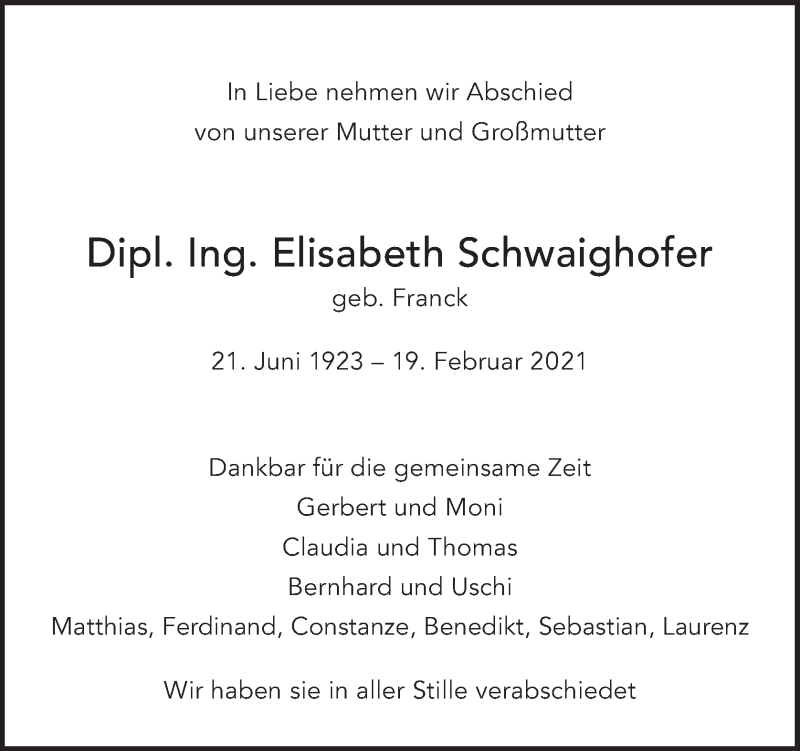  Traueranzeige für Elisabeth Schwaighofer vom 08.03.2021 aus OÖNachrichten