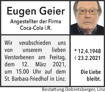 Traueranzeige von Eugen Geier von OÖNachrichten