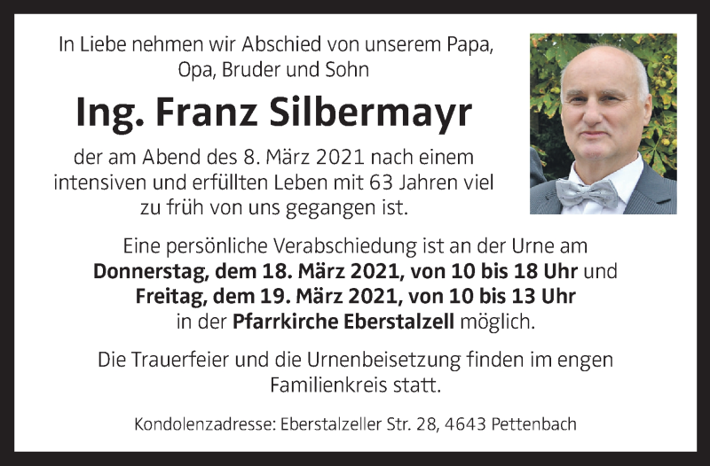  Traueranzeige für Franz Silbermayr vom 13.03.2021 aus OÖNachrichten