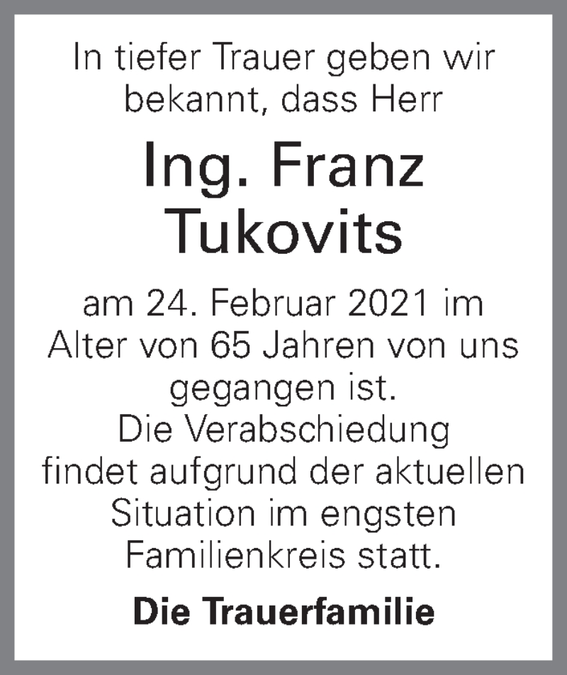  Traueranzeige für Franz Tukovits vom 27.02.2021 aus OÖNachrichten