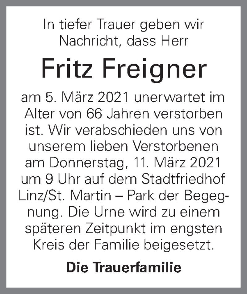  Traueranzeige für Fritz Freigner vom 09.03.2021 aus OÖNachrichten