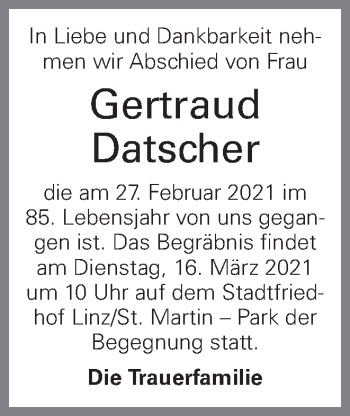 Traueranzeige von Gertraud Datscher von OÖNachrichten