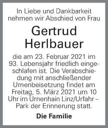 Traueranzeige von Gertrud Herlbauer von OÖNachrichten