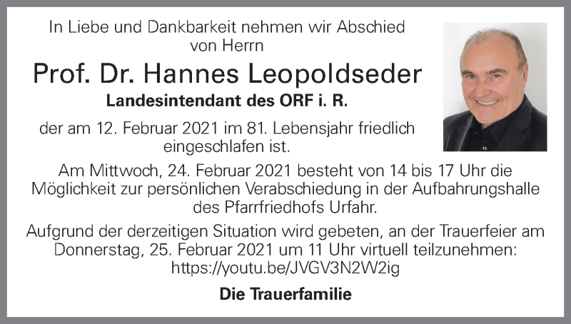  Traueranzeige für Hannes Leopoldseder vom 20.02.2021 aus OÖNachrichten