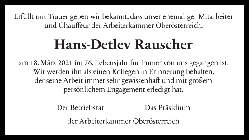  Traueranzeige für Hans-Detlev Rauscher vom 26.03.2021 aus OÖNachrichten