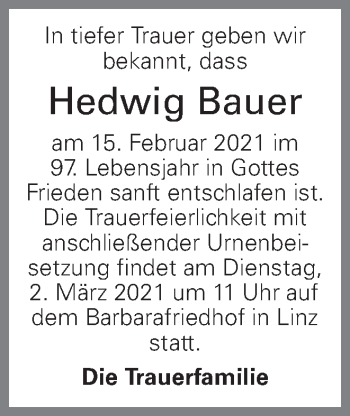 Traueranzeige von Hedwig Bauer von OÖNachrichten
