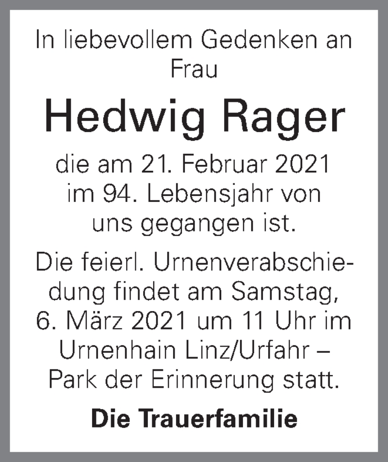  Traueranzeige für Hedwig Rager vom 02.03.2021 aus OÖNachrichten