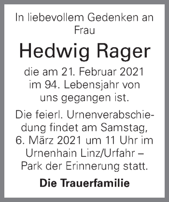 Traueranzeige von Hedwig Rager von OÖNachrichten