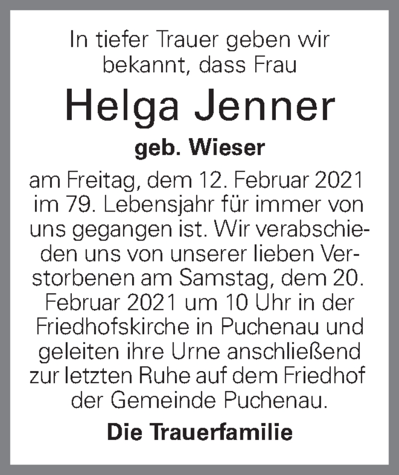  Traueranzeige für Helga Jenner vom 18.02.2021 aus OÖNachrichten