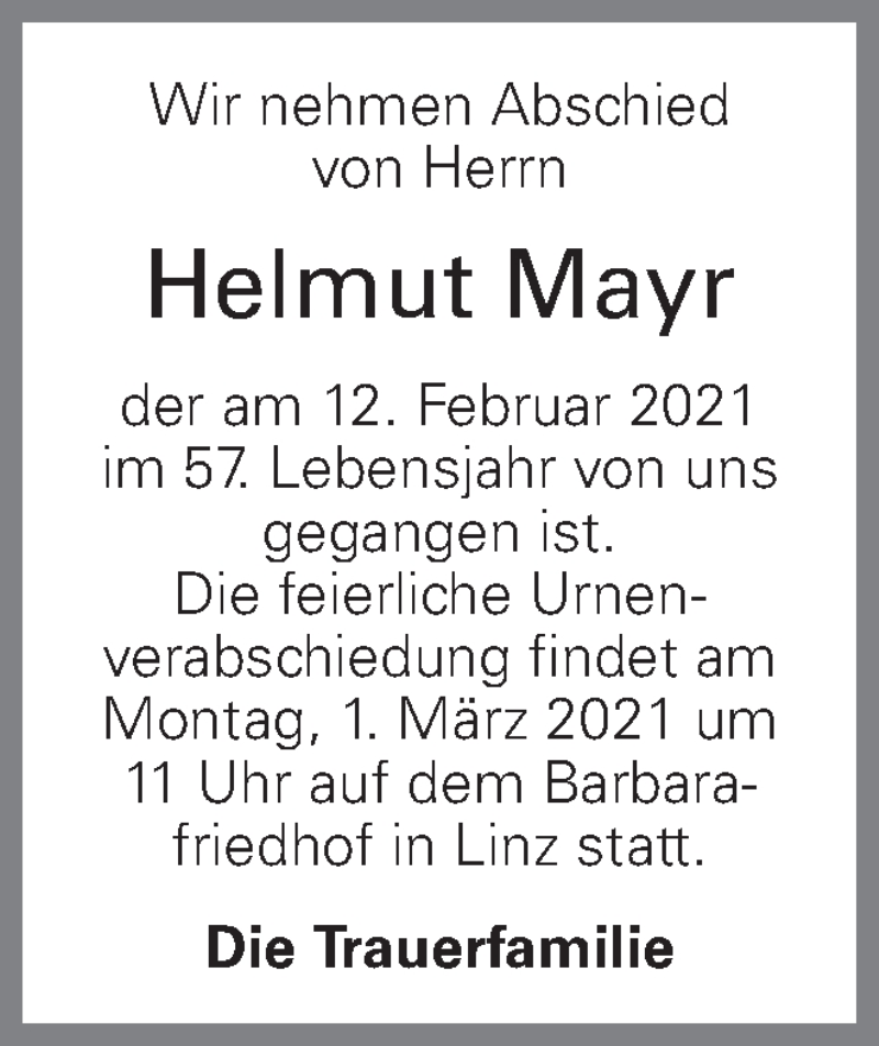  Traueranzeige für Helmut Mayr vom 26.02.2021 aus OÖNachrichten