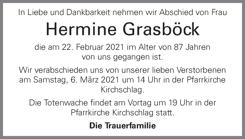  Traueranzeige für Hermine Grasböck vom 03.03.2021 aus OÖNachrichten