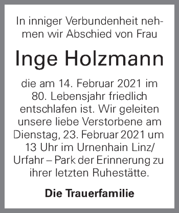 Traueranzeige von Inge Holzmann von OÖNachrichten