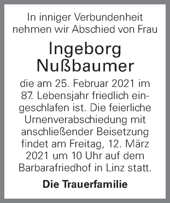 Traueranzeige von Ingeborg Nußbaumer von OÖNachrichten