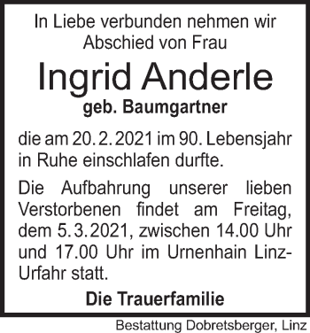 Traueranzeige von Ingrid Anderle von OÖNachrichten