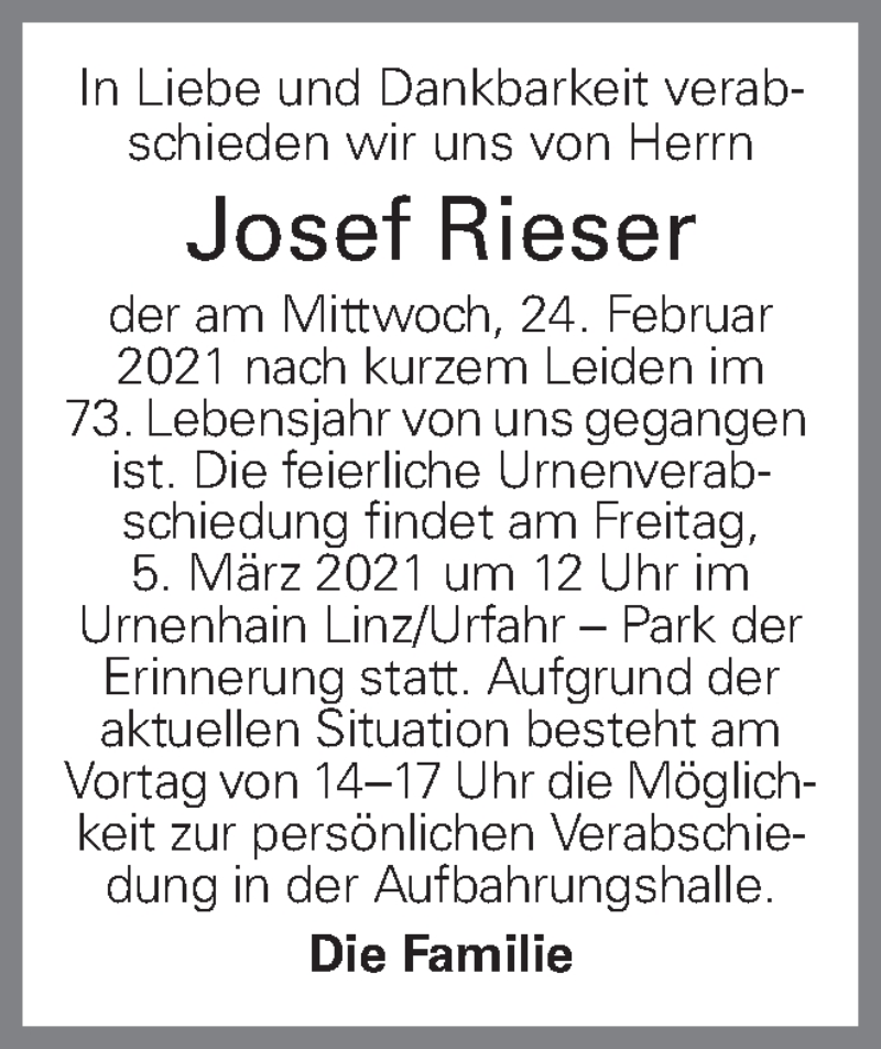  Traueranzeige für Josef Rieser vom 27.02.2021 aus OÖNachrichten