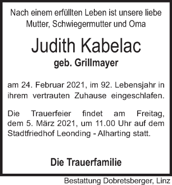 Traueranzeige von Judith Kabelac von OÖNachrichten