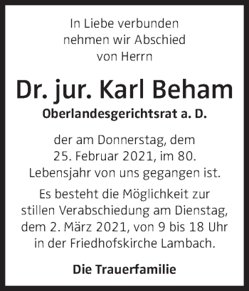 Traueranzeige von Karl Beham von OÖNachrichten