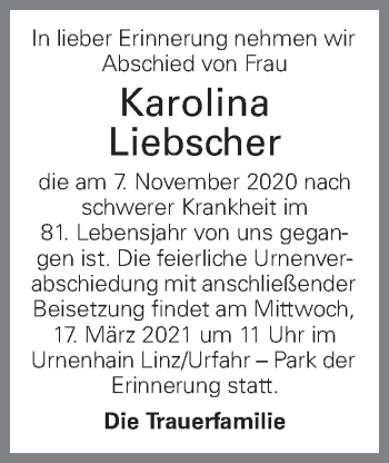 Traueranzeige von Karolina Liebscher von OÖNachrichten