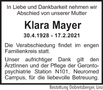 Traueranzeige von Klara Mayer von OÖNachrichten