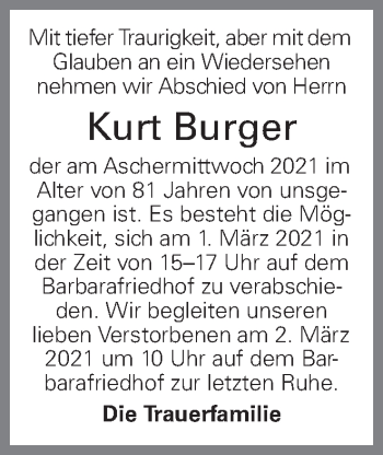 Traueranzeige von Kurt Burger von OÖNachrichten