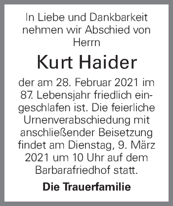Traueranzeige von Kurt Haider von OÖNachrichten
