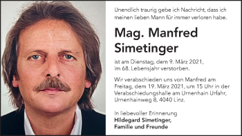 Traueranzeige von Manfred Simetinger von OÖNachrichten