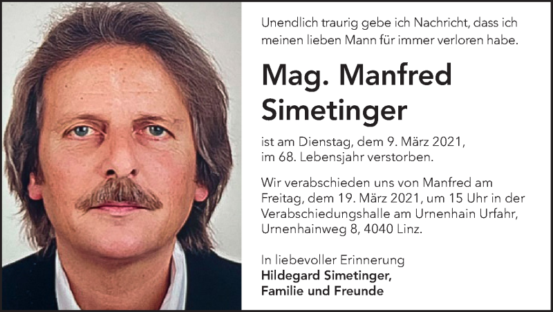  Traueranzeige für Manfred Simetinger vom 13.03.2021 aus OÖNachrichten
