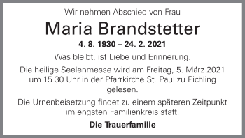 Traueranzeige von Maria Brandstetter von OÖNachrichten