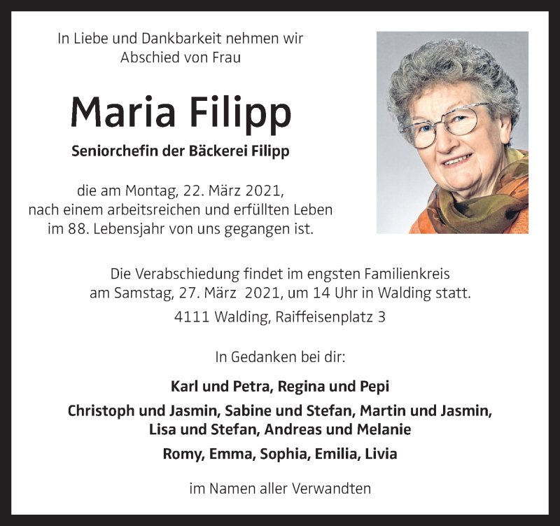  Traueranzeige für Maria Filipp vom 25.03.2021 aus OÖNachrichten