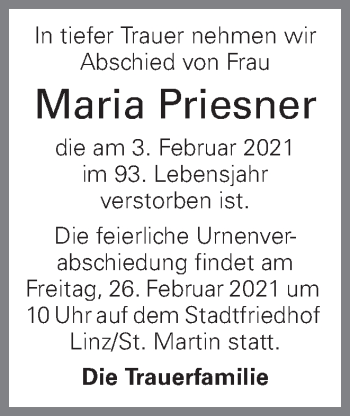Traueranzeige von Maria Priesner von OÖNachrichten