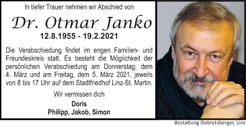  Traueranzeige für Otmar Janko vom 27.02.2021 aus OÖNachrichten