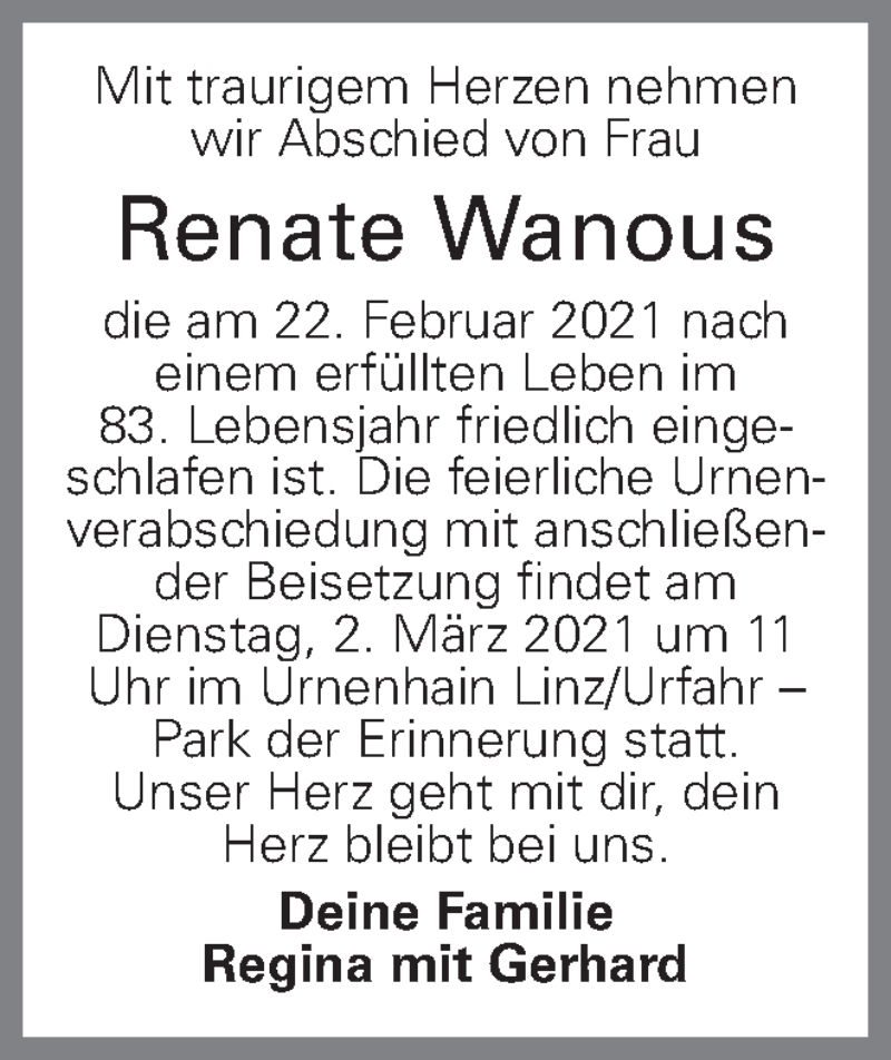  Traueranzeige für Renate Wanous vom 26.02.2021 aus OÖNachrichten