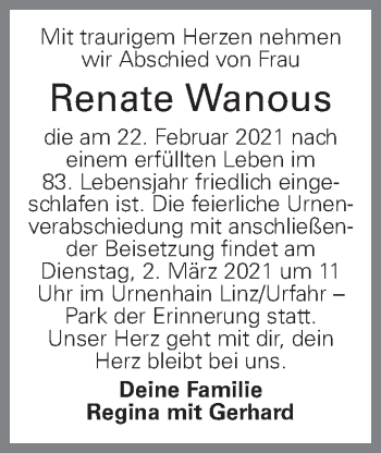 Traueranzeige von Renate Wanous von OÖNachrichten