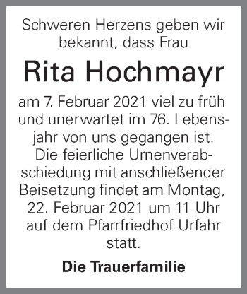 Traueranzeige von Rita Hochmayr von OÖNachrichten