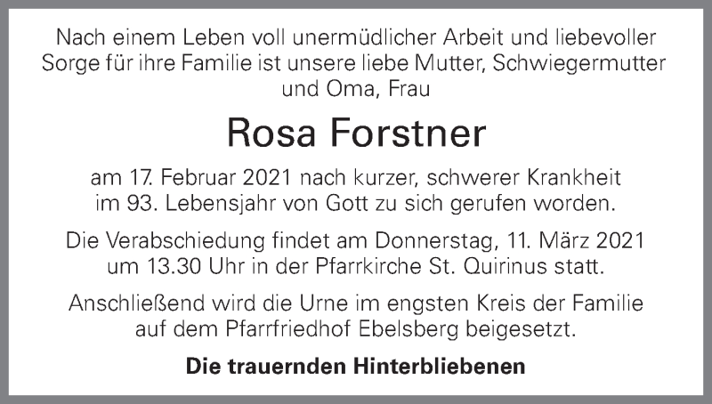  Traueranzeige für Rosa Forstner vom 02.03.2021 aus OÖNachrichten