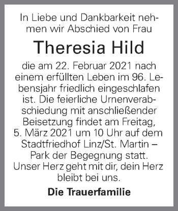 Traueranzeige von Theresia Hild von OÖNachrichten