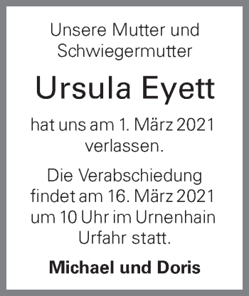 Traueranzeige von Ursula Eyett von OÖNachrichten