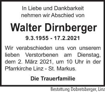 Traueranzeige von Walter Dirnberger von OÖNachrichten