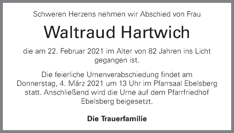  Traueranzeige für Waltraud Hartwich vom 25.02.2021 aus OÖNachrichten